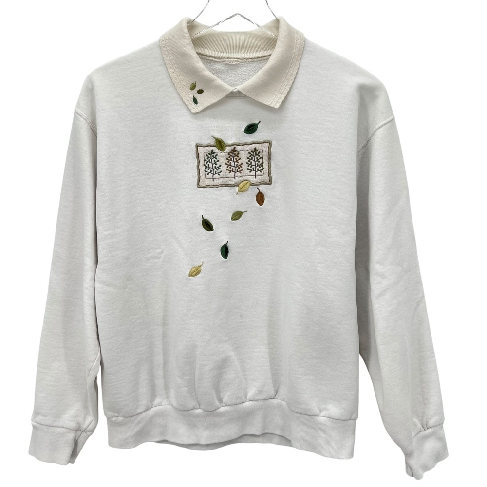 Vintage Collared Sweatshirt Size‎ M Autumn Leaf Embroidered Granny 80s 90s